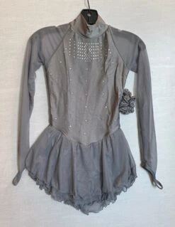 Solitaire Ready To Ship Classic High Neck Linear Beaded Skating Dress - Grey -Figure Skating Equipment Store IMG 4971