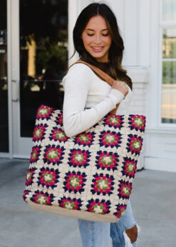 Ready To Ship Crochet Tote Bag - Squares